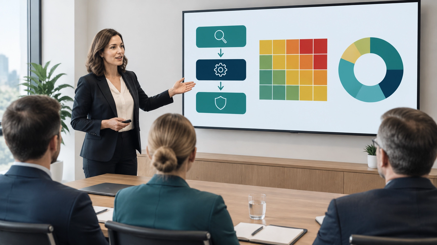 A consultant presents a risk framework with process icons, a red amber green risk heat map, and a donut chart.